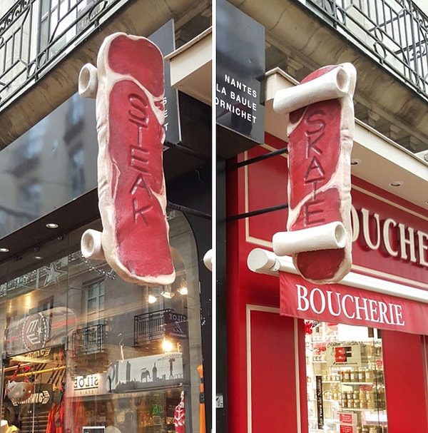 5. Скейт-магазин и мясная лавка расположены рядом. У них одна вывеска