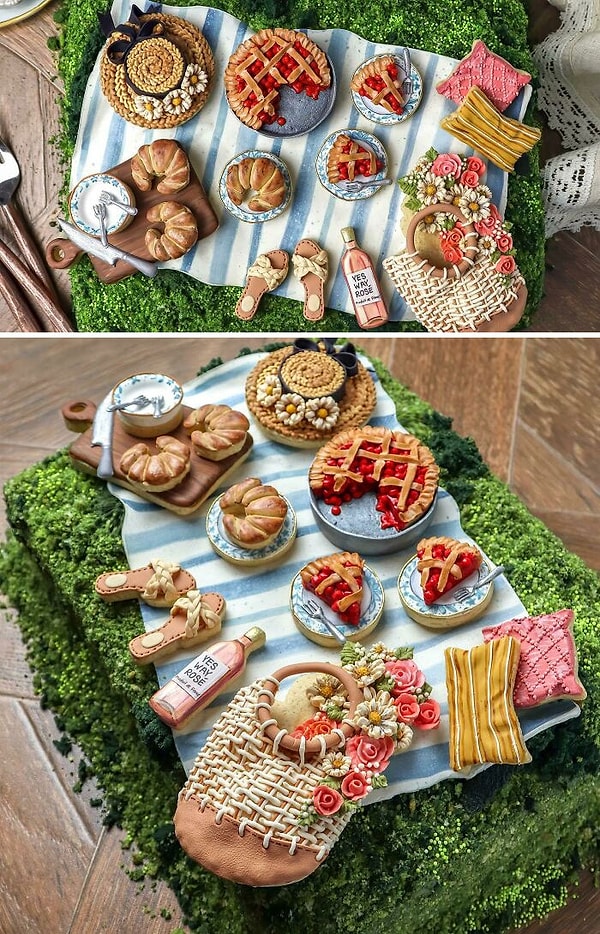 2. Именинный торт на тему пикника. Все начинки - это отдельные маленькие сахарные печенья