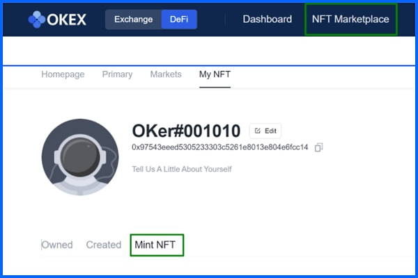 NFT nasıl oluşturulur? Öncelikle DeFi Hub’ın gezinme çubuğundaki NFT Marketplace seçeneğine tıklayın.