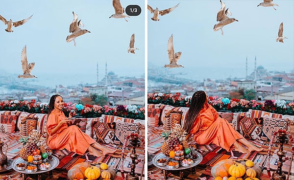 6. Как понять что это фотошоп? Просто взгляните на чаек. В реальности они бы уже давно украли у этой девушки еду