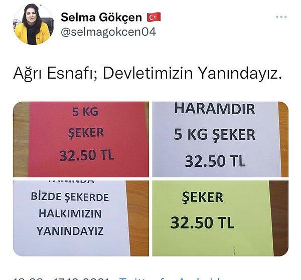 Selma Gökçen, bu sabah evinde çektiği fotoğrafları Ağrı esnafının astığı fiyat etiketi gibi göstermeye çalıştı.