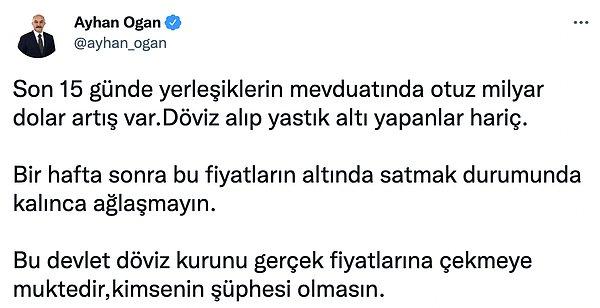 Cumhurbaşkanı Danışmanı ve Sivil Dayanışma Platformu Başkanı olan Ayhan Oğan da ortaya böyle bir spekülasyon attı 👇