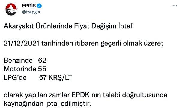 Henüz kayda değer bir indirim haberi gelmedi... İlk olarak Erdoğan'ın yeni düzenlemeyle ilgili açıklamalarını yaptığı gece geçerli olacak akaryakıt zammı İPTAL edildi.