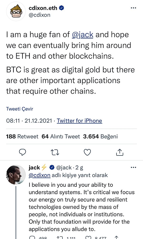 Dorsey aynı zamanda Ethereum geliştiricisinin blockchain projeleri üzerinde çalışmayı düşünmeye çağıran tweetine yanıt vermişti!