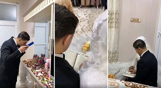 Gerdeğe Girecekleri Yatak Odasında Kur'an Okuyan Gelin ile Damat O Anları da Sosyal Medyada Paylaştı