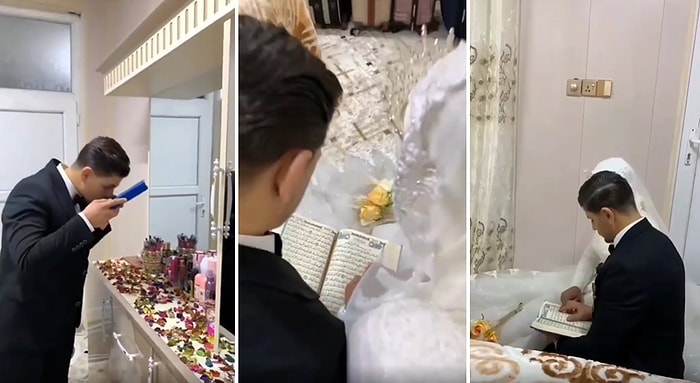 Gerdeğe Girecekleri Yatak Odasında Kur'an Okuyan Gelin ile Damat O Anları da Sosyal Medyada Paylaştı