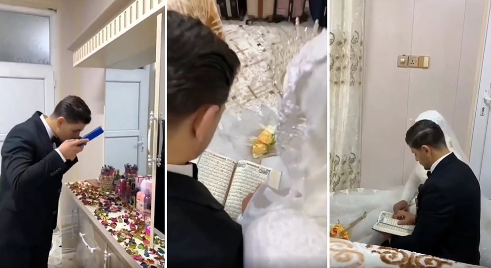 Gerdeğe Girecekleri Yatak Odasında Kur'an Okuyan Gelin ile Damat O Anları da Sosyal Medyada Paylaştı