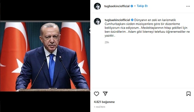 Tuğba Ekinci, daha önce de pandemi döneminde alınan canlı müzik etkinlikleri ve müzisyenlerle ilgili verilen kararda, müzisyen dostlarının üslubu adına Recep Tayyip Erdoğan'dan özür dileyip faha iyi bir düzenlenme yapılmasını rica etmişti.