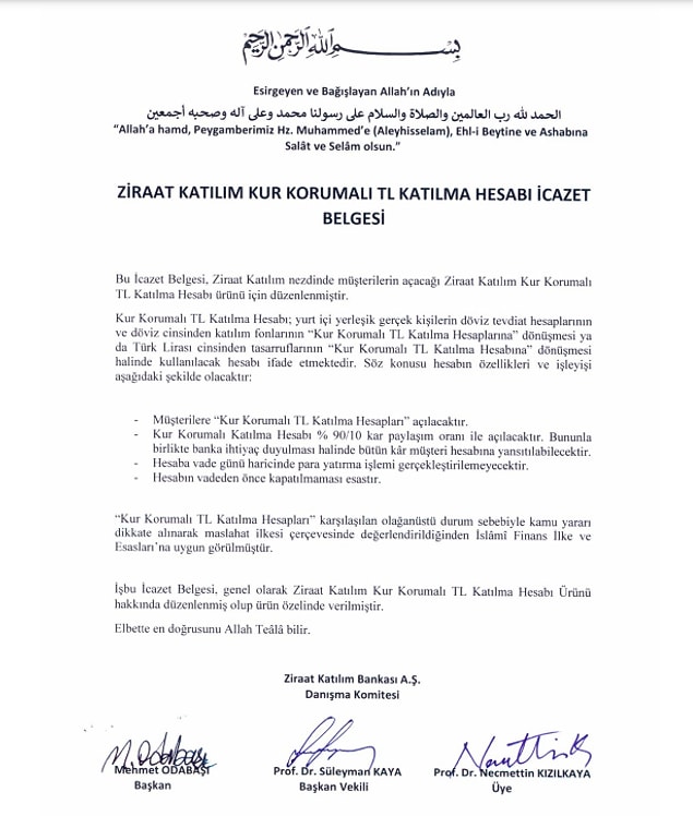 "Elbette en doğrusunu Allah Teala bilir" ifadesiyle sonlanan belge, Ziraat Katılım'ın resmi internet sitesi üzerinden duyuruldu.