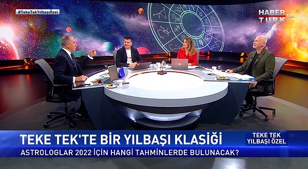 Fatih Altaylı'nın sunduğu 'Teke Tek' programının dün gece yapılan yılbaşı özel bölümüne katılan ünlü astrologlar Öner Döşer, Dinçer Güner ve Hande Kazanova bizleri 2022 yılında hangi olayların beklediğini anlattılar...