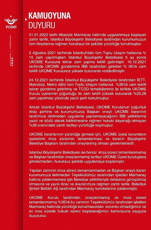 Marmaray'ın yeni zamlı tarifesiyle ilgili TCDD bugün sosyal medyada bir açıklama yaptı.