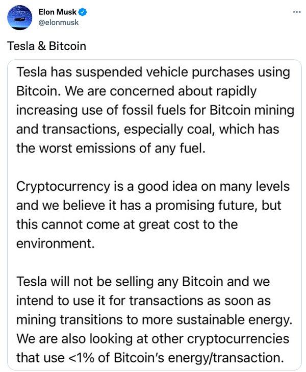 Musk 13 Mayıs’ta fikrini değiştirdi. Bitcoin ile Tesla satışının askıya alındığını ve Bitcoin’in enerji tüketimini olumsuz etkilediğini söyledi. Kısa bir süre içinde Bitcoin 38 bin dolar seviyelerine kadar geriledi...