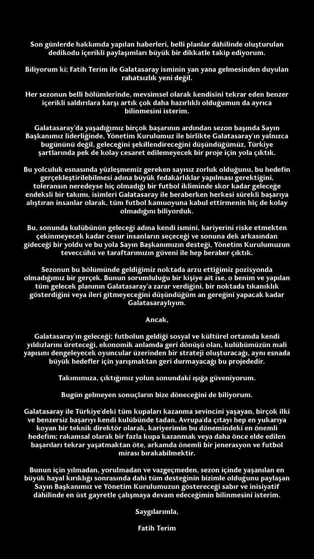 Fatih Terim'in paylaşımı şu şekilde;