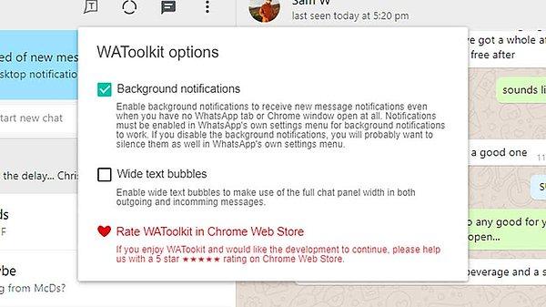 WAToolkit, web üzerinde WhatsApp için iki ince ayar sunar. Öncelikle arka plan bildirimlerini etkinleştirir, böylece WhatsApp açık olsa da olmasa da web tarayıcınız aracılığıyla mesajlarınız hakkında uyarılar gelir.