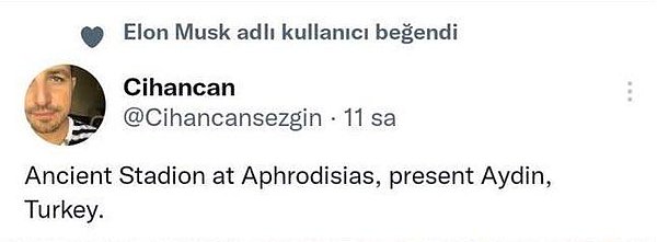 1. Tesla ve SpaceX'in kurucusu Elon Musk, Twitter'da bir kullanıcının paylaştığı, Karacasu'da yer alan ve UNESCO Dünya Mirası Listesi'ndeki Afrodisias Antik Kenti'nin fotoğrafını beğendi.