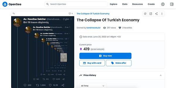 11. Twitter'daki "Av. Kendine Seküler" isimli kullanıcı, platformda paylaştığı ve popüler hale gelen tweet serisini "Türk Ekonomisinin Çöküşü" adıyla NFT'ye dönüştürerek yaklaşık 1,6 milyon dolar karşılığına sahip 419 ethereum'dan satışa çıkardı.