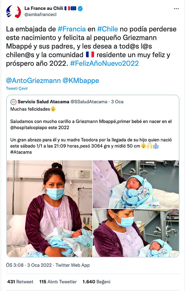 Fransa'nın Şili Büyükelçiliği Griezmann Mbappe bebeğin ailesini kutladı.