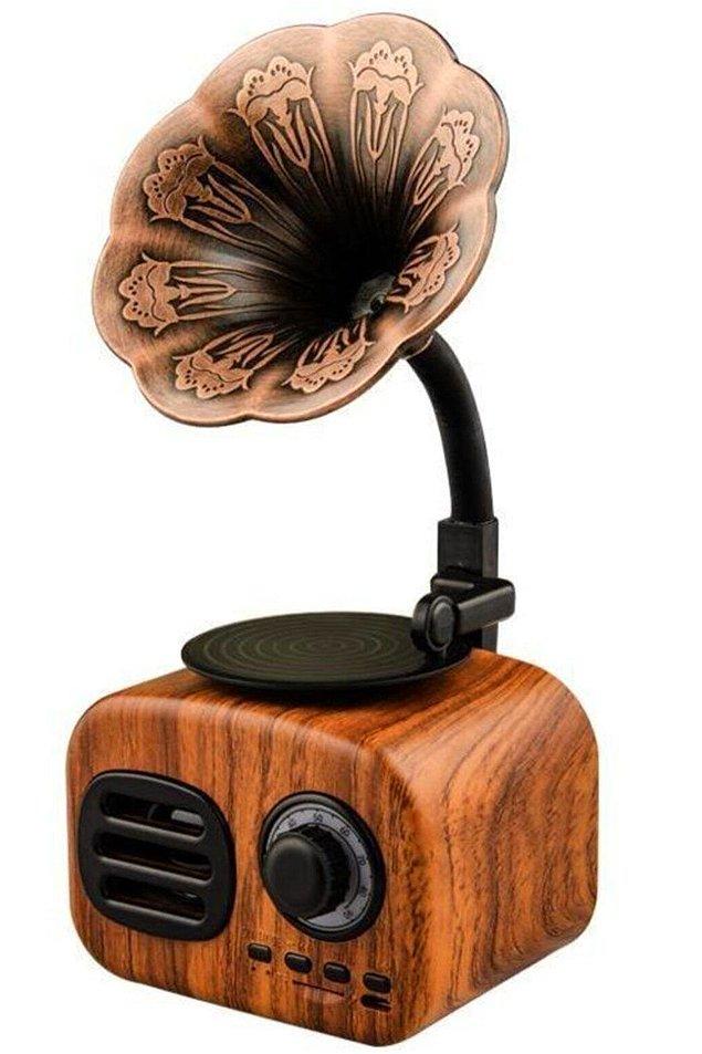3. Retro mini ahşap gramafon görünümlü radyolu bluetooth hoparlör.