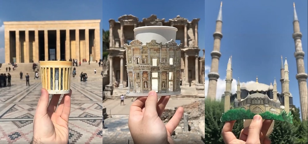 Seyahat Ettiği Şehir ve Ülkelerin Önemli Yapılarının Karton Bardaktan Maket Halini Yapan Yetenekli Sanatçı