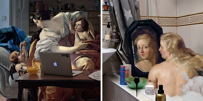 Художник смешал два разных периода времени, объединяя фигуры классических картин с современным окружением (20 картин)