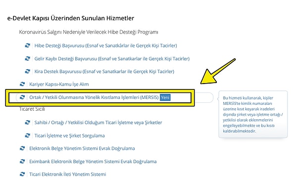 Ortak / Yetkili Olunmasına Yönelik Kısıtlama İşlemleri (MERSİS)’ni buluyoruz.
