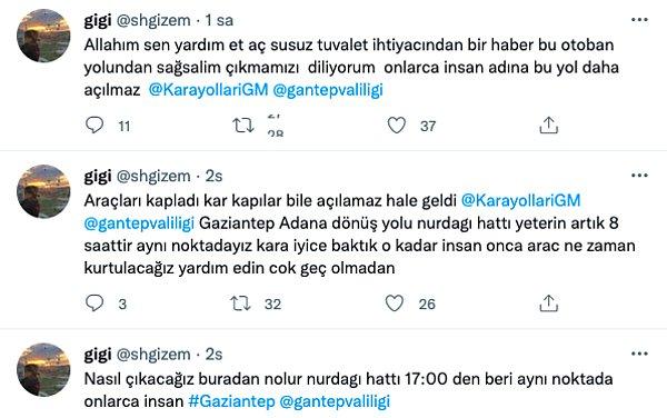 Bir vatandaş, saat 17:00'den beri Gaziantep Adana dönüş yolu Nurdağı hattında mahsur kaldıklarını paylaştı.