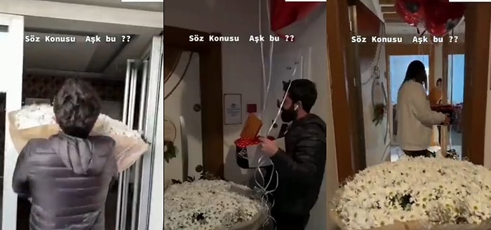Cidden Buna Gerek Var mı? Koskoca Çiçek Buketiyle Sevgilisine Sürpriz Yapan Genç Adam