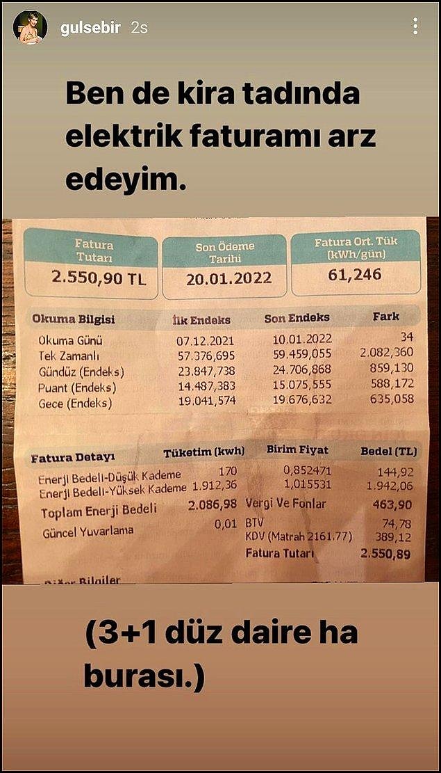 Geçtiğimiz gün 3+1 dairesine gelen elektrik faturasını paylaştı ve 'kira tadında' yorumunu yaptı.