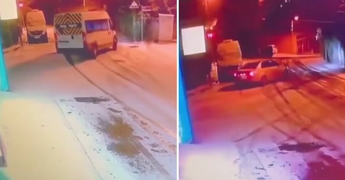 Aynı Noktada Kayarak Park Halindeki Araca Çarpmaktan Son Anda Kurtulan Araçlar