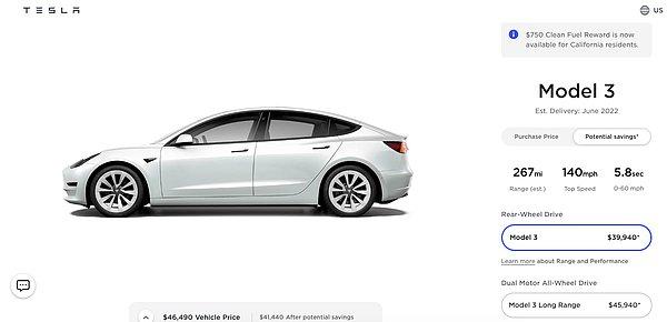 Tesla Model 3 ABD'de 40 bin dolar fiyat etiketiyle satılıyor.
