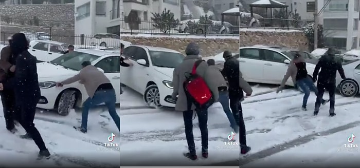 Vatandaşların Buzlanan Yolda Yokuş Aşağı Kayan Arabayı Durdurmak İçin Büyük Çaba Göstedikleri Anlar