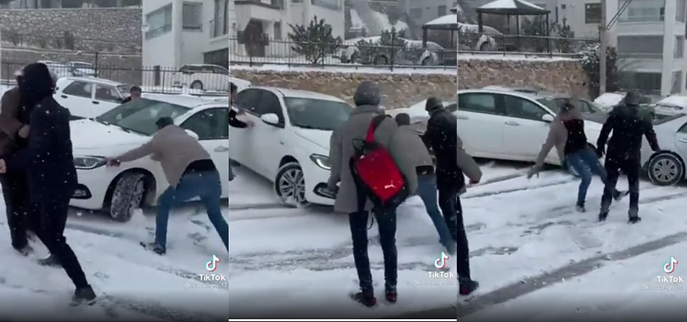 Vatandaşların Buzlanan Yolda Yokuş Aşağı Kayan Arabayı Durdurmak İçin Büyük Çaba Göstedikleri Anlar