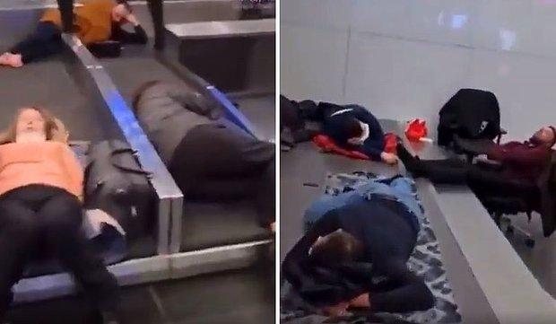 İstanbul Havalimanı'nda 'Otele İhtiyacımız Var' Diyerek Slogan Atan Turistlerin Yerlerde Uyudukları Anlar