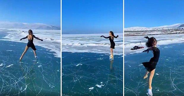 Artistik Buz Pateni Milli Takım Sporcusu İklim Şentunalı'dan Çıldır Gölü'nde Muhteşem Performans