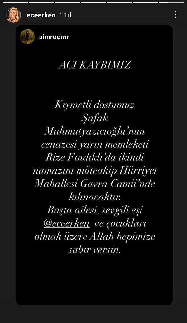 Derken Ece Erken, hayat arkadaşı Şafak Mahmutyazıcıoğlu'nun cenaze töreniyle ilgili bir paylaşım yaptı...