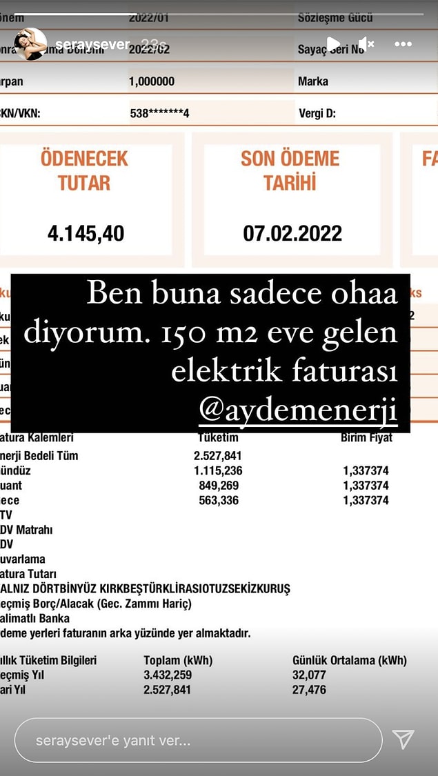 Ünlü sunucu, 150 metrekare evine gelen 4.145 liralık elektrik faturasını paylaşarak "Ben buna sadece oha diyorum!" yazdı.