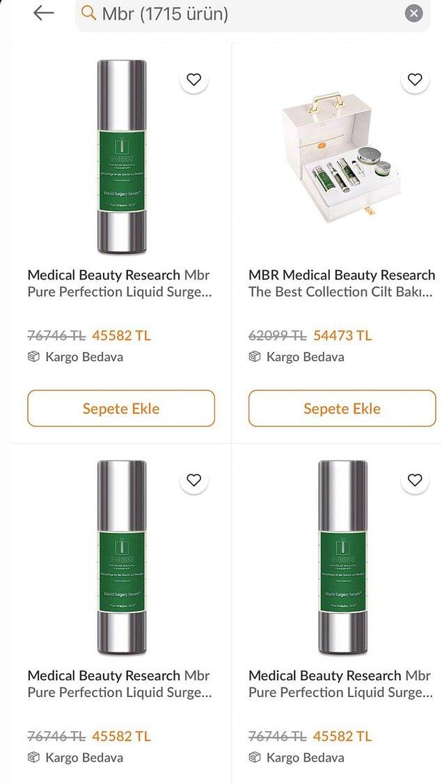 Medical Beauty Research (MBR) markasına ait ürünler, 45 bin TL'ye satılıyor. Evet tam 45 bin TL!