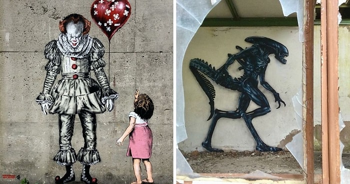 20 работ от уличного художника, который создает граффити, взаимодействующие с окружающей средой