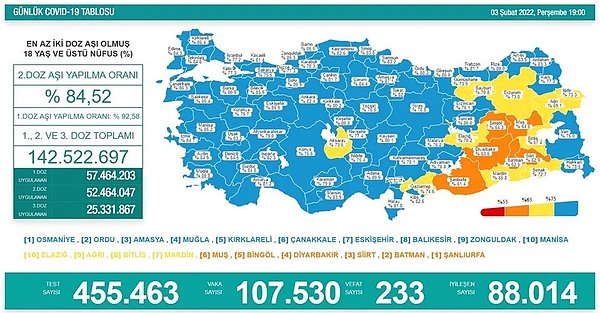 3 Şubat Koronavirüs Tablosu