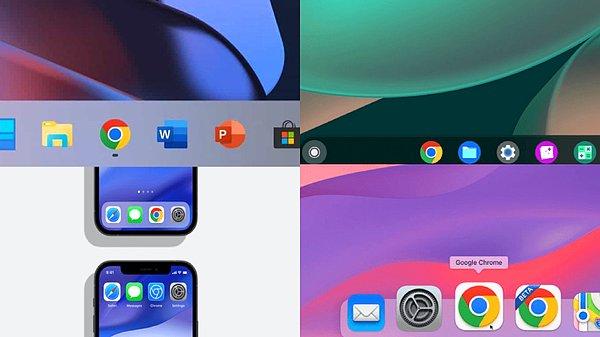 Chrome'un yeni logosunun farklı platformlarda farklı görünümlere sahip olacağı ifade edildi. Windows 10-11, macOS, iOS ve ChromeBook üzerinde görülen Chrome logosu şöyle: