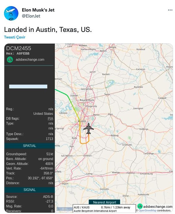 Sweeney, Twitter'daki @ElonJet hesabında Musk'ın özel jetinin havalanmasından inişine kadar olan tüm anları konumuyla paylaşıyor.