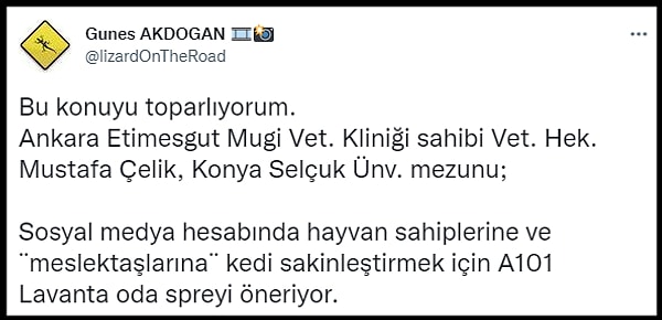 Ankara'da bir veteriner hekimin sosyal medyada paylaştığı görüntüler ve meslektaşlarına ve kedi ile aynı evde yaşayan insanlara verdiği 'Oda spreyi' tavsiyesi tepkilere neden oldu.