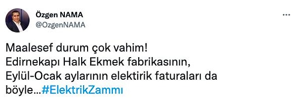 7. Vatandaşlardan sanatçılara, esnafa kadar herkes fahiş zamlı faturalara tepkisini gösterirken, bir paylaşım da İBB'ye bağlı Halk Ekmek'in yöneticisinden geldi. Halk Ekmek fabrikasının Eylül ve Ocak ayı faturaları arasındaki fark 'pes' dedirtecek...