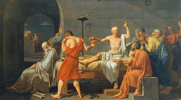 Tabloya genel olarak baktığımızda Sokrates'in ölmek için kullanacağı zehri içmeden önceki anı görüyoruz.
