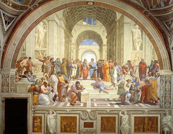 Sokrates'in bu tablodaki duruşu, Raffaello'nun Atina Okulu adlı eserinde Sokrates'in duruşuna bir göndermedir.