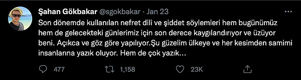 Yıllar yılı giderek daha da zehirli hale gelen nefret söylemleri için üzüntü ve endişesini ifade etti...