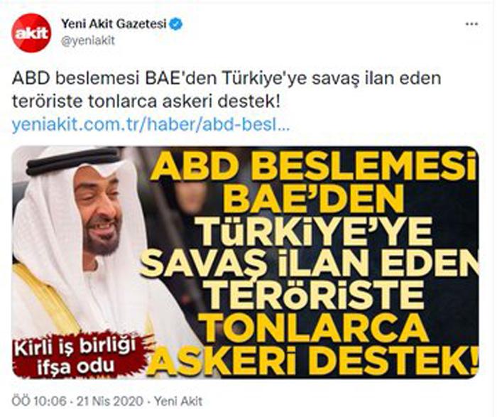 Akit, 21 Nisan 2020 tarihli bir başka haberinde "ABD’nin Ortadoğu’daki kuklası" dediği BAE’nin, Libyalı Hafter’e jet yakıtı göndermesini böyle duyurmuştu. 👇