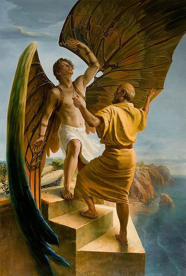 Kanatları yaparken oğlu İkarus'a nasıl uçması gerektiği hakkında bilgiler verdi.  Çok alçakta uçarsa denize düşeceği, çok yüksekte uçarsa da güneşin balmumunu eriteceği konusunda uyardı.