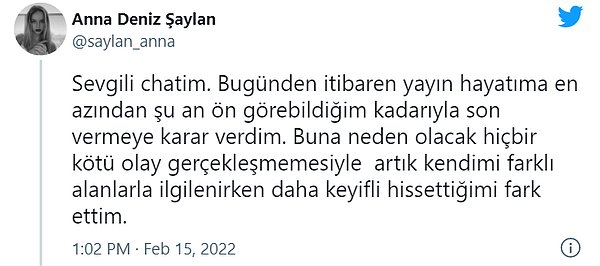 Binlerce kişinin zevkle takip ettiği yayınları ile tanıdığı Anna Deniz Twitter hesabından bazı açıklamalarda bulundu.