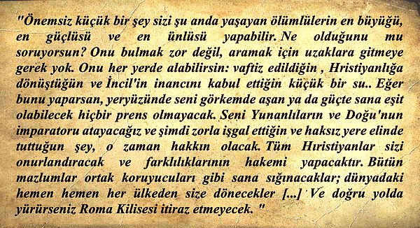 Ve 1460'ta Fatih'e bir mektup yazarak onu Hristiyanlığa davet eder. Halil İnalcık'a göre mektup doğrudur; ancak Fatih bunu pek önemsememiştir. Şöyle der Pius II: